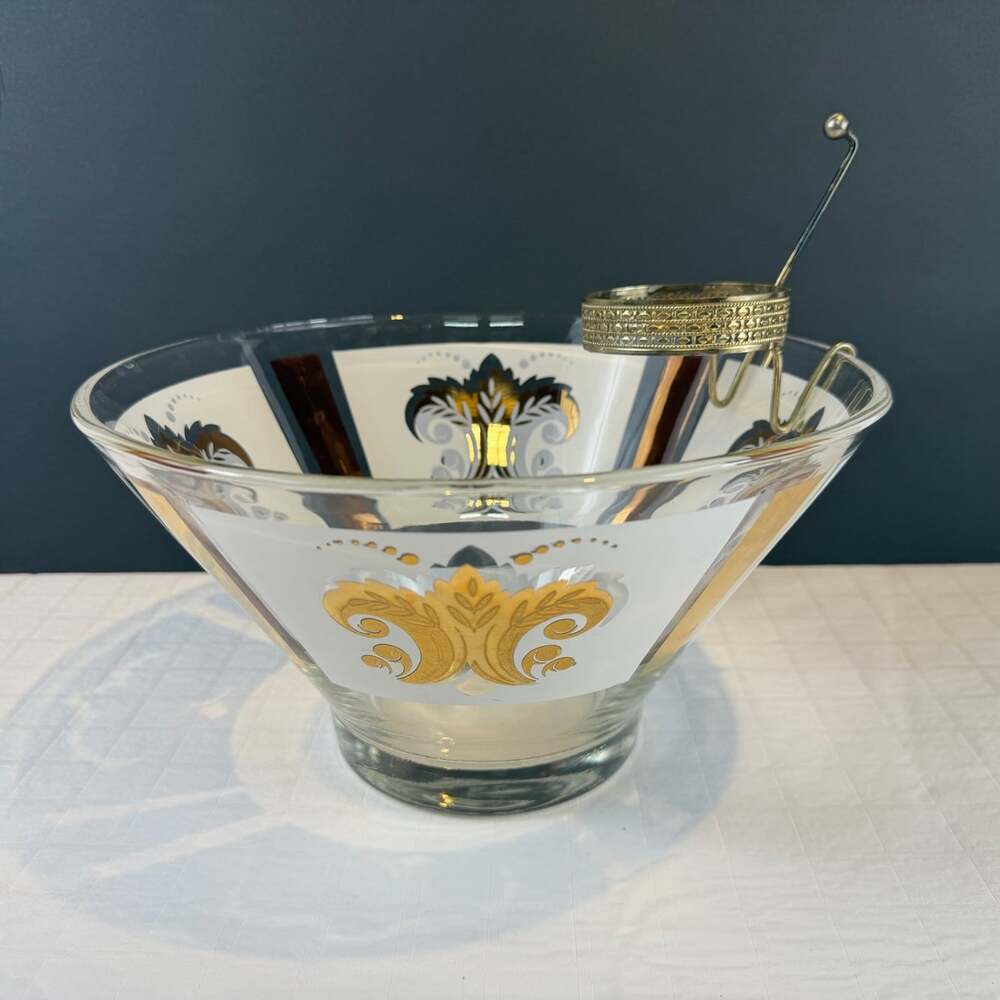 Vtg Clear Glass Serving Bowl Gold Floral Pattern w/ Metal Rim Holder 10in